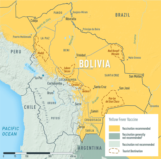 Map 3-17. Yellow fever vaccine recommendations in Bolivia