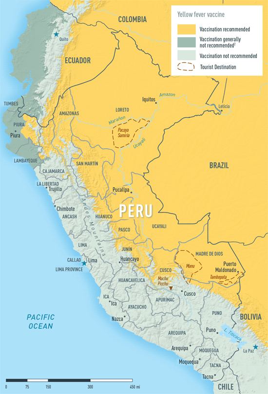 Map 3-36. Yellow fever vaccine recommendations in Peru