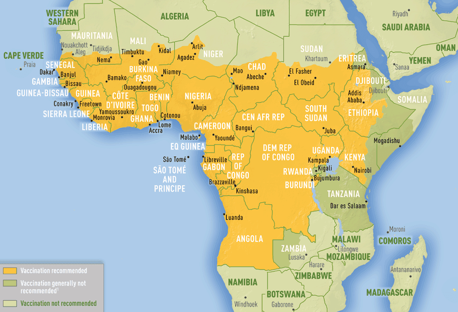 Map 3-15. Yellow fever vaccine recommendations in Africa